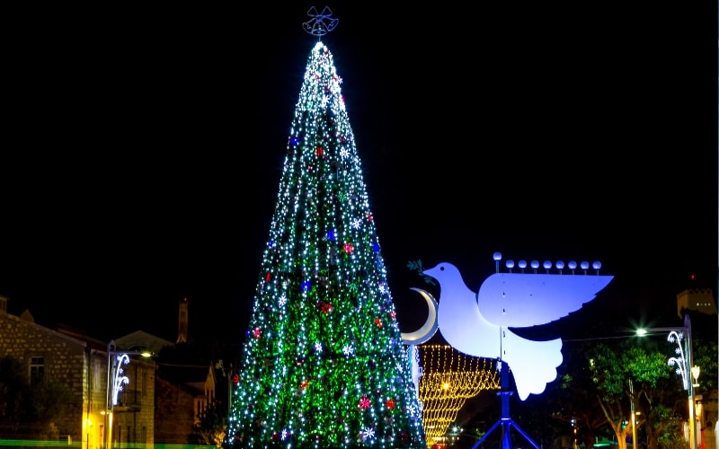 Christmas Tree and Hanukkah Menorah in Haifa Israel